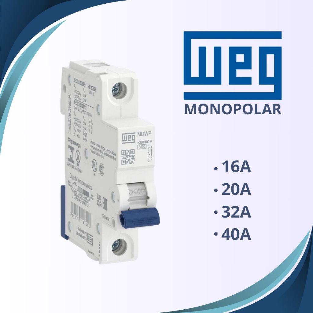 Mini Disjuntor Monopolar 16A, 20A, 32A, 40A Curva C MDWP-C WEG Contra Curto Circuito Weg