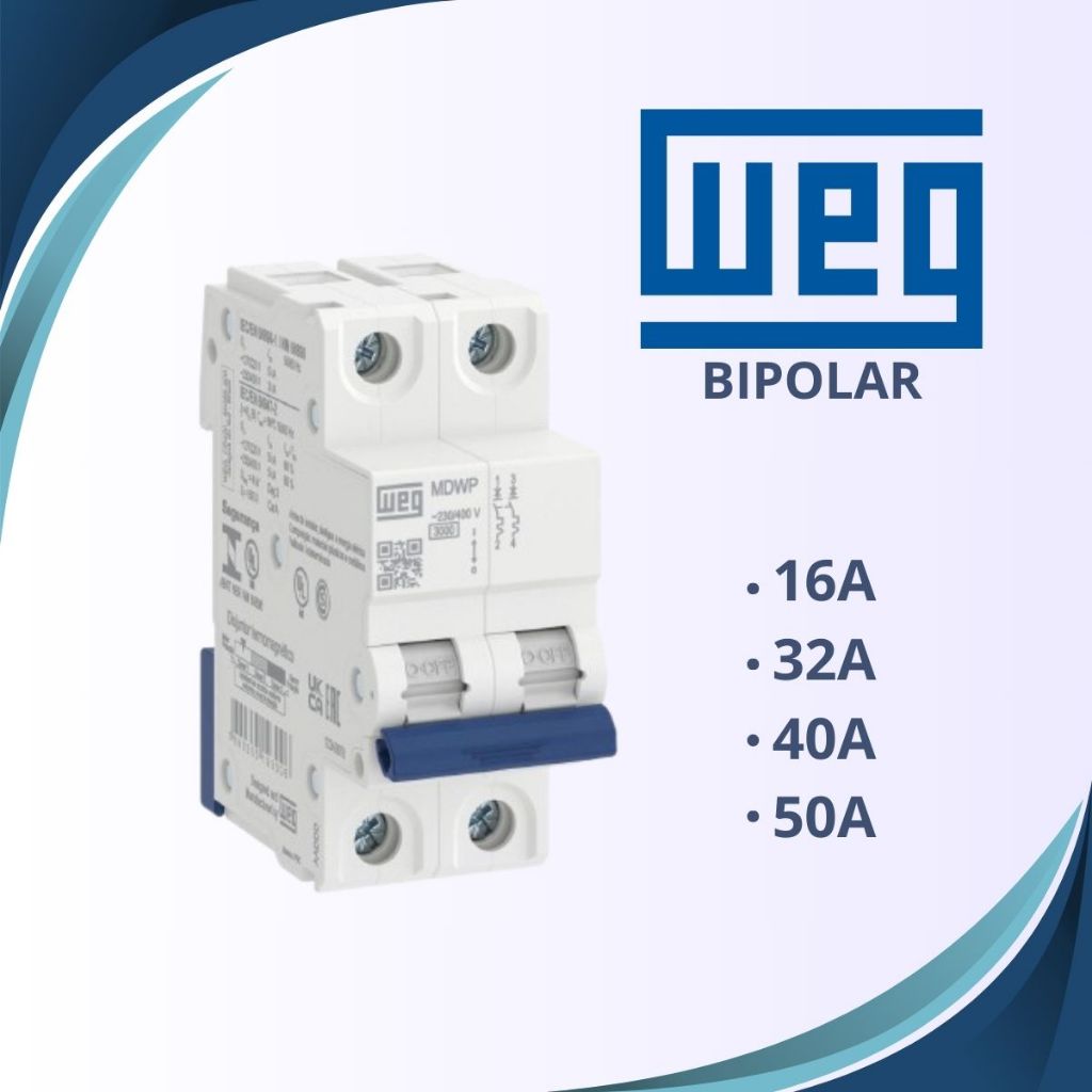 Mini Disjuntor Residencial Bipolar 16A, 32A, 40A, 50A Curva C MDWP-C WEG Contra Curto Circuito Weg