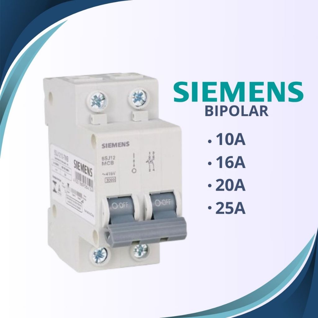 Mini Disjuntor Bipolar Residencial 10A, 16A, 20A, 25A Curva C 5SJ1 Siemens p/ Trilho DIN
