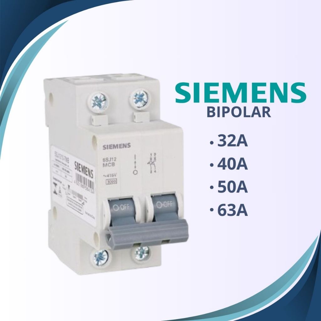 Mini Disjuntor Bipolar Residencial 32A, 40A, 50A, 63A Curva C 5SJ1 Siemens p/ Trilho DIN