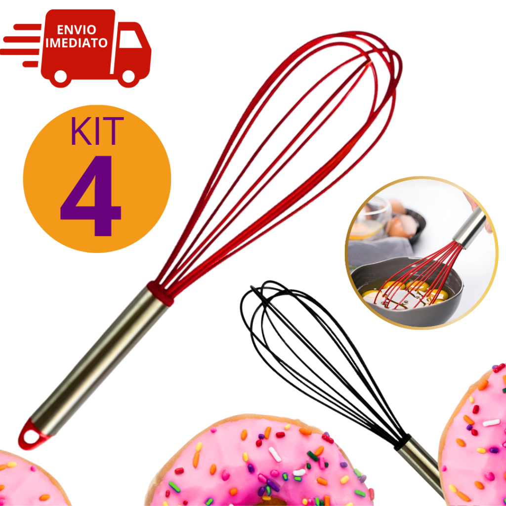 Kit 4 Batedor de Clara de Ovos Bolo Fue Fouet 30,5cm Inox com Silicone Multiuso Para Cozinha