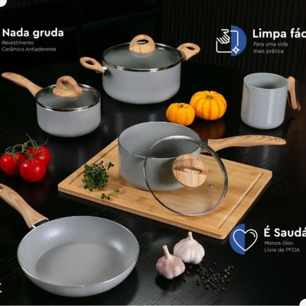 Conjunto de Panelas Antiaderente Brinox 5 Peças Panela Caçarola Frigideira e Fervedor Cinza Gris