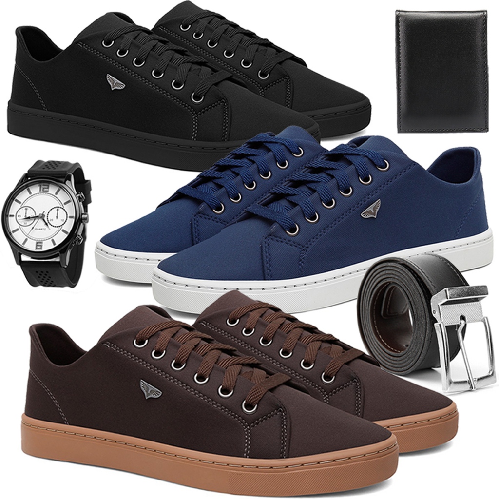 Kit 3 Tênis Masculino Casual Dia a Dia Leve e Confortável + Relógio de Ponteiros + Carteira + Cinto