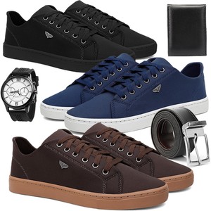 Kit 3 Tênis Masculino Casual Dia a Dia Leve e Confortável + Relógio de Ponteiros + Carteira + Cinto