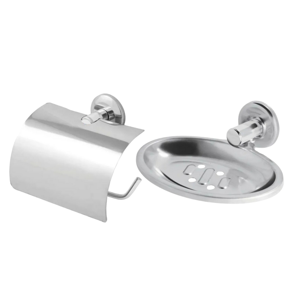 Kit Papeleira / Porta Papel Com Tampa Inox + Saboneteira / Porta Sabonete Inox
