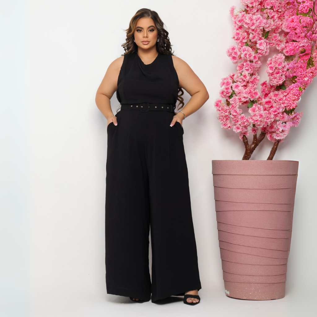 Macacão Feminino Longo Plus Size Pantalona Elegante Tecido Confortável Cinto Ajustável
