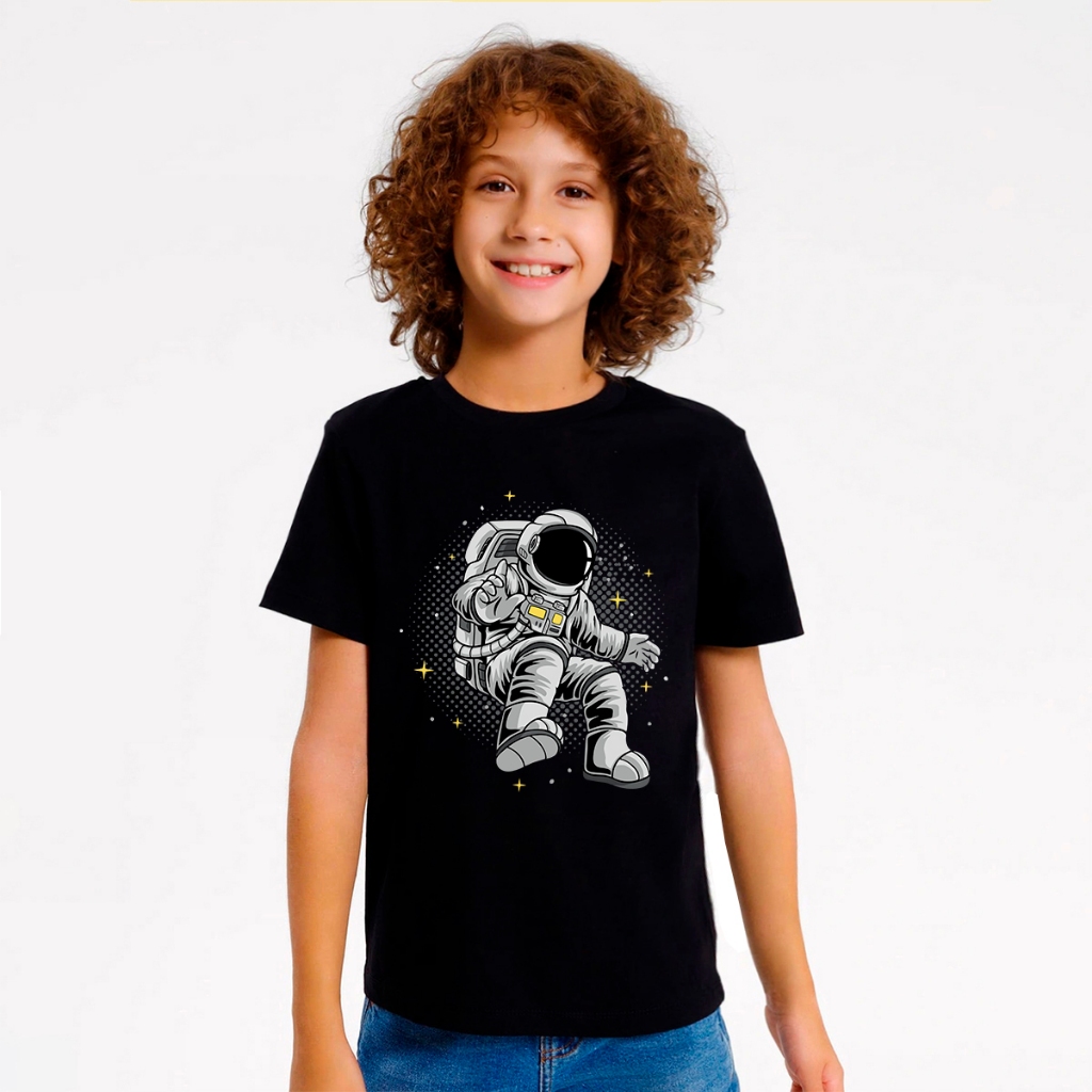 Camiseta Astronauta Masculina Peças Fashion para Crianças de Todas as Idades Malha Premium 2 ao 16