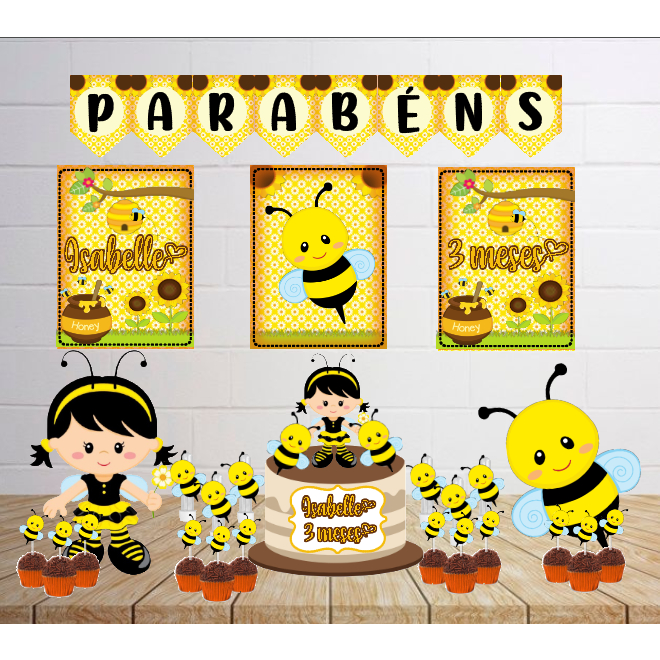 Kit Personalizado Festa Infantil Abelhinha Decoração Aniversário Mesversário Só Um Bolinho Lembrancinhas