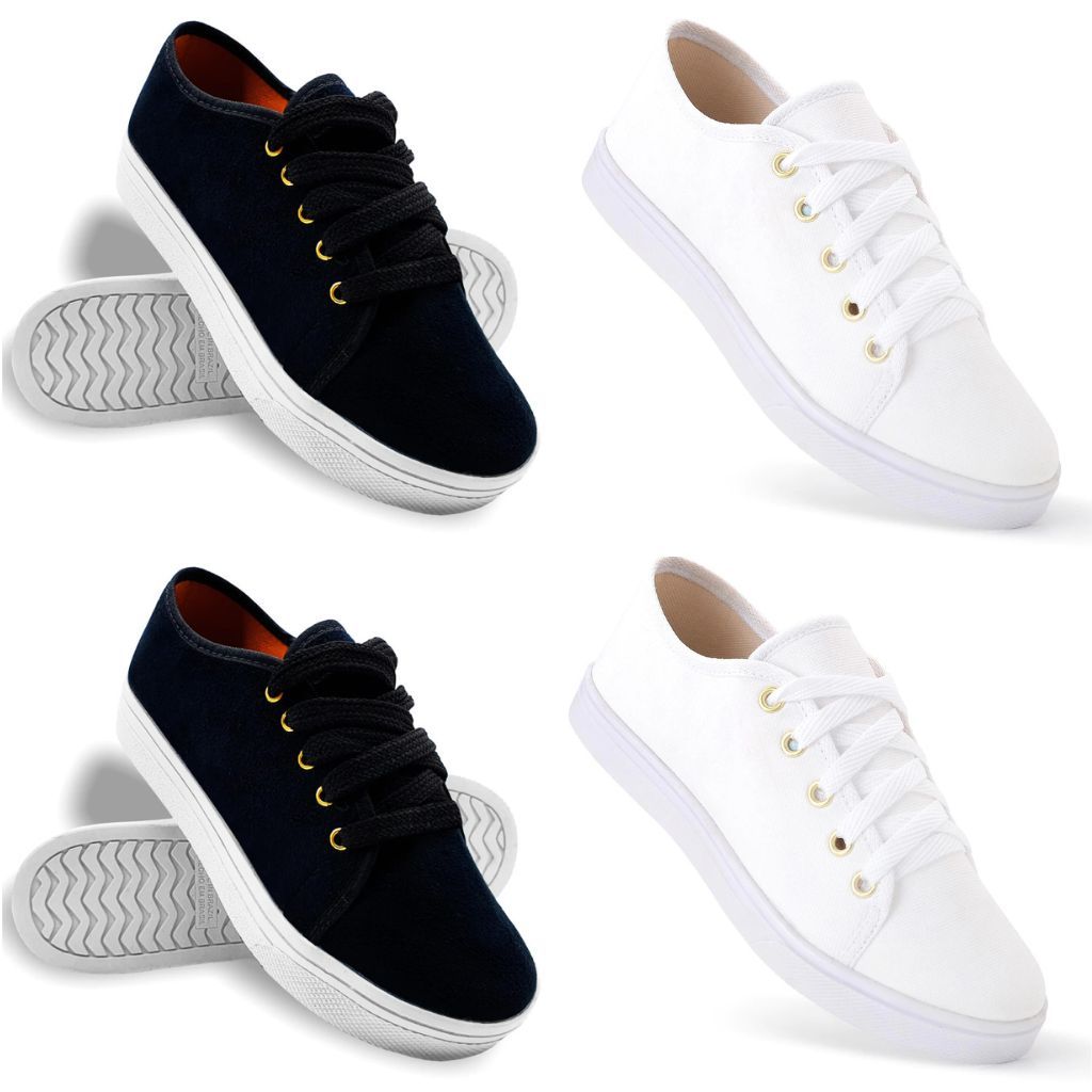 Kit 2 Pares Tênis Feminino Casual Confortável Slip On Branco Preto Liso