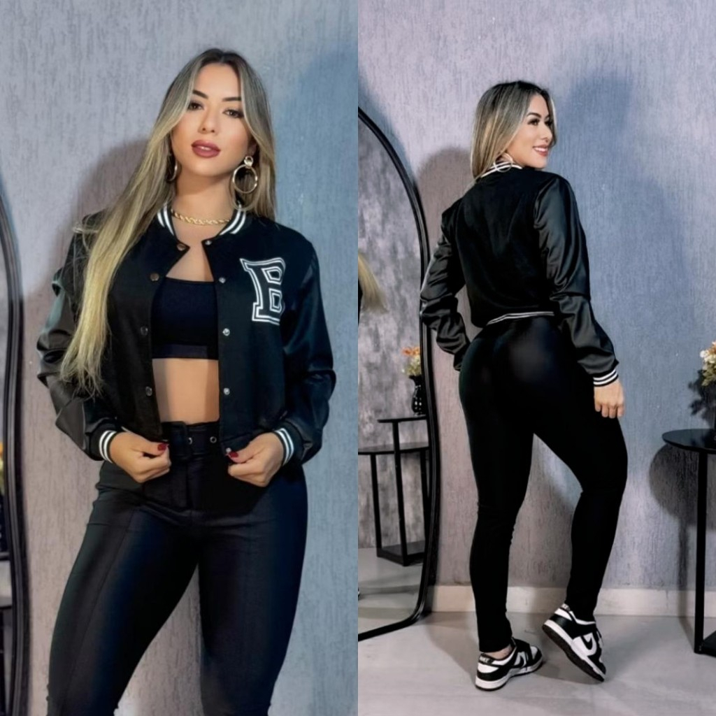 Jaqueta bomber moletom feminina, com botões manga couro, estilo colegial moda blogueira inverno