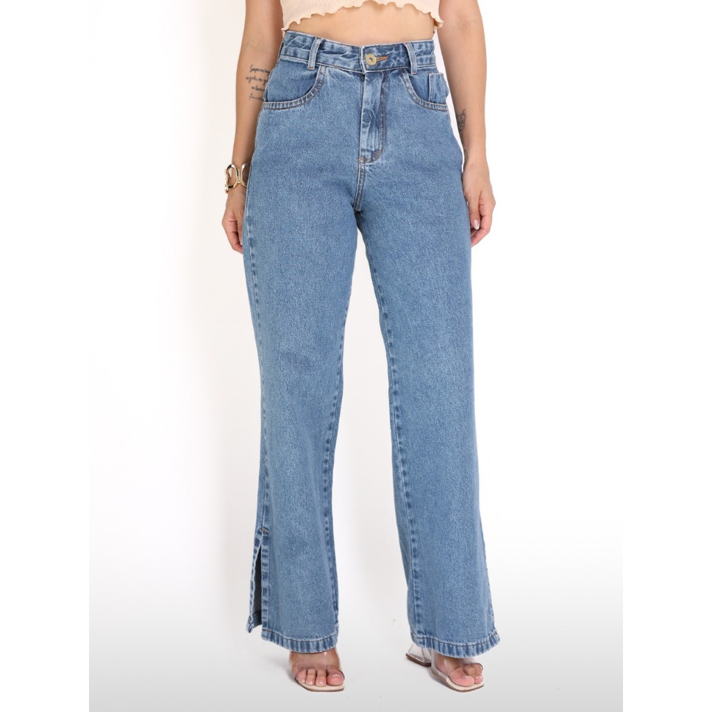 Calça jeans com fenda na barra modelo pantalona nova 2025 em Oferta na Shopee