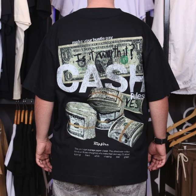 Camiseta Oversized Cash Money Ripfire Algodão 26.1 Streetwear Gola Canelada 2x1