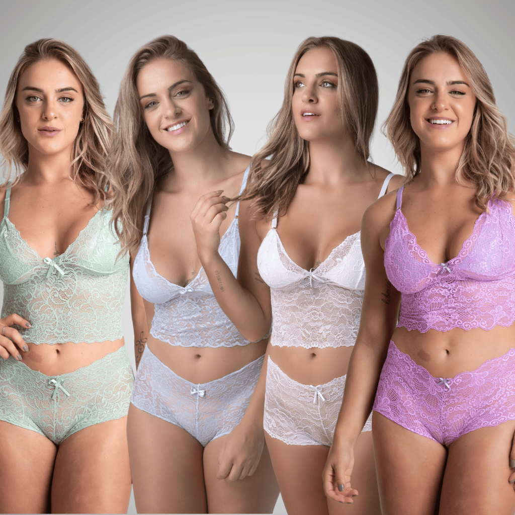 Kit 4 Conjuntos Espera Marido Lingerie  Top Cropped Calcinha Caleçon Shortinho Sensual Sexy Luxo 303