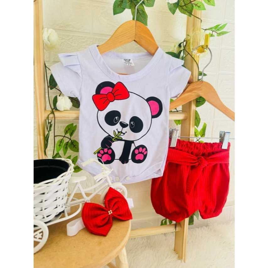 Conjunto bebê menina Panda – Blusa + Shorts + Faixa de Cabelo bebê infantil veste até 6 meses