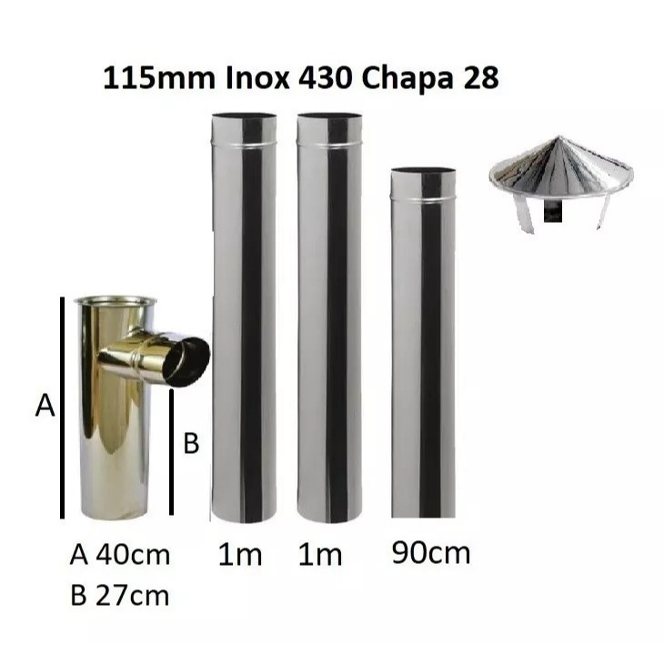 Kit Chaminé em INOX Chapa 28 Para Fogão A Lenha 5 Peças 115mm Com Te Zatti
