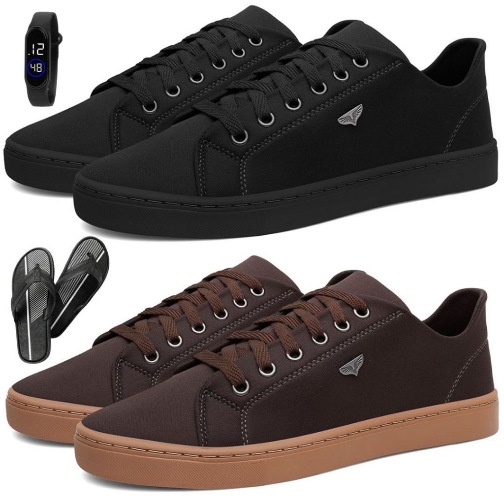 Kit 2 Tênis Sapatenis Masculino Cano Baixo dia a dia skatista moderno + chinelo e relógio PROMOÇÃO