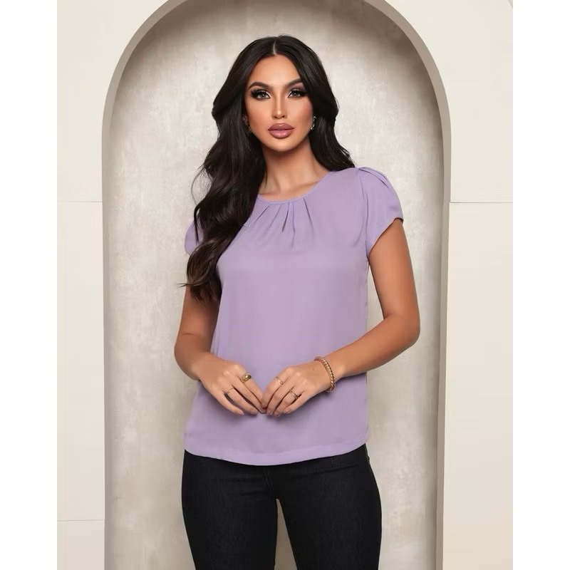Blusa feminina Tecido Crepinho Com Manga Princesa manga curta blusa feminino tecido duna Plus Size casual elegante