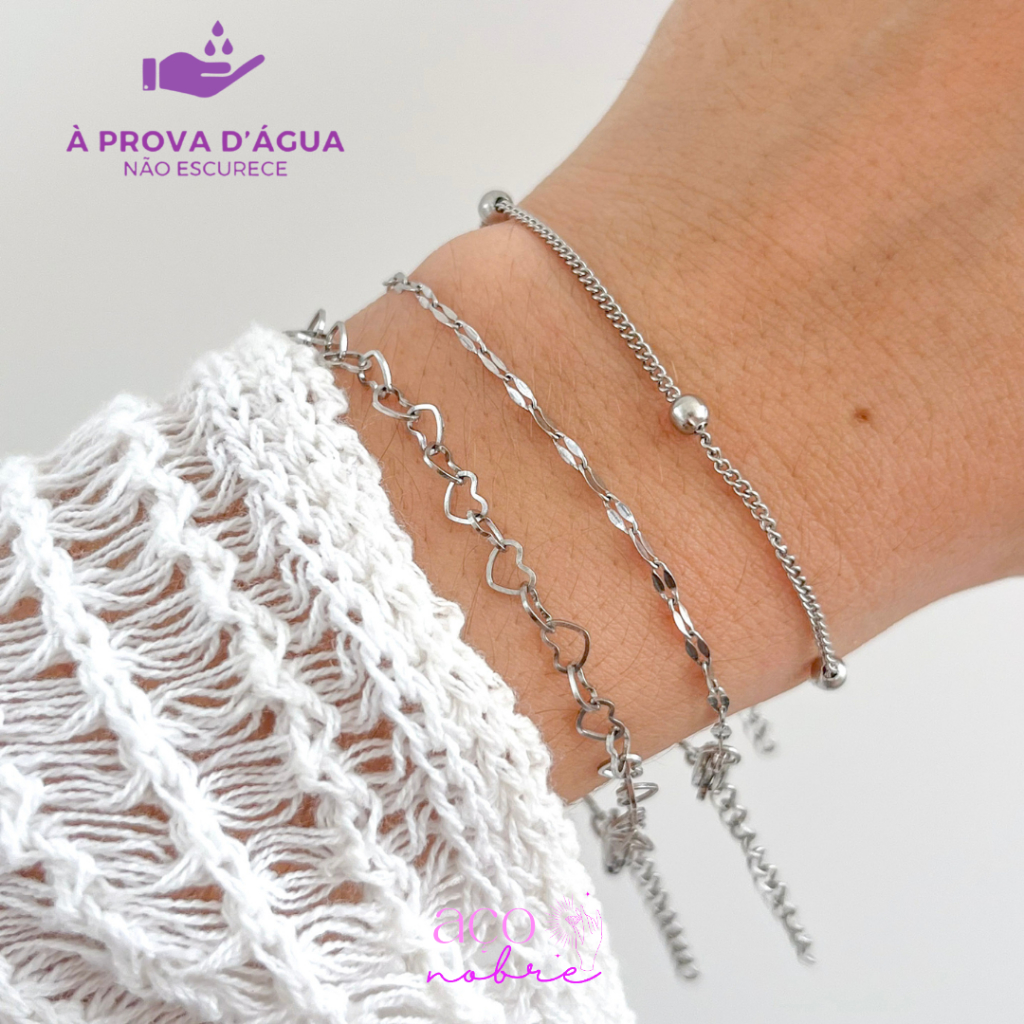 Kit Pulseiras De Aço Inox Pulseira Delicadas Corrente De Corações Vazados Aço Dourado em Oferta na Shopee