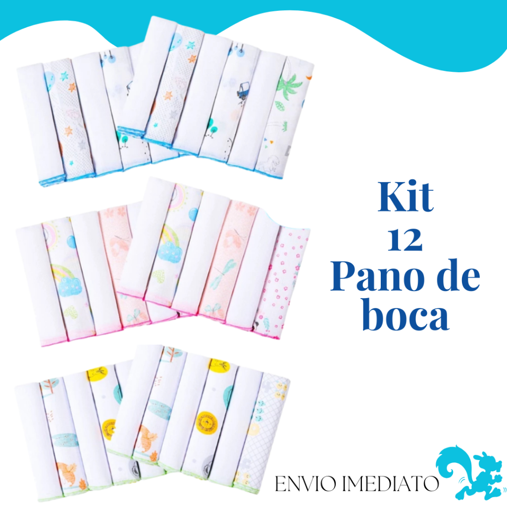 Kit 12 Pano de Boca toalha Paninho Fralda de Bebe 100% Algodão 30cmx30cm