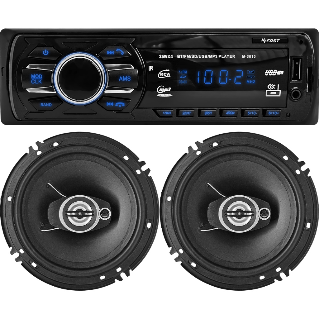 Kit Rádio MP3 Automotivo + 2 Alto Falantes de 6" USB Bluetooth USB Leitor de Cartão SD e Entrada