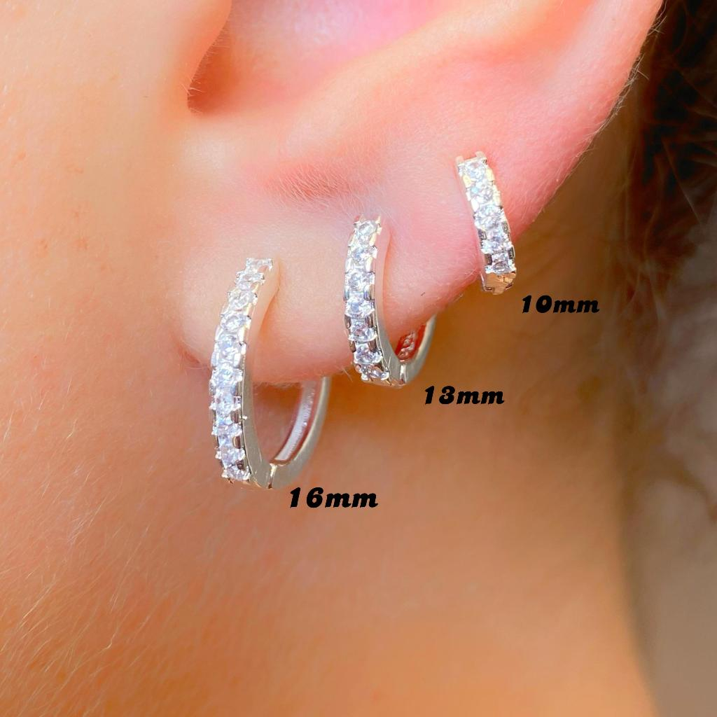 Trio de Argolas Prata Feminina kit Cravejadas em Pedras de Zircônias Ponto de Luz 16mm 15m...