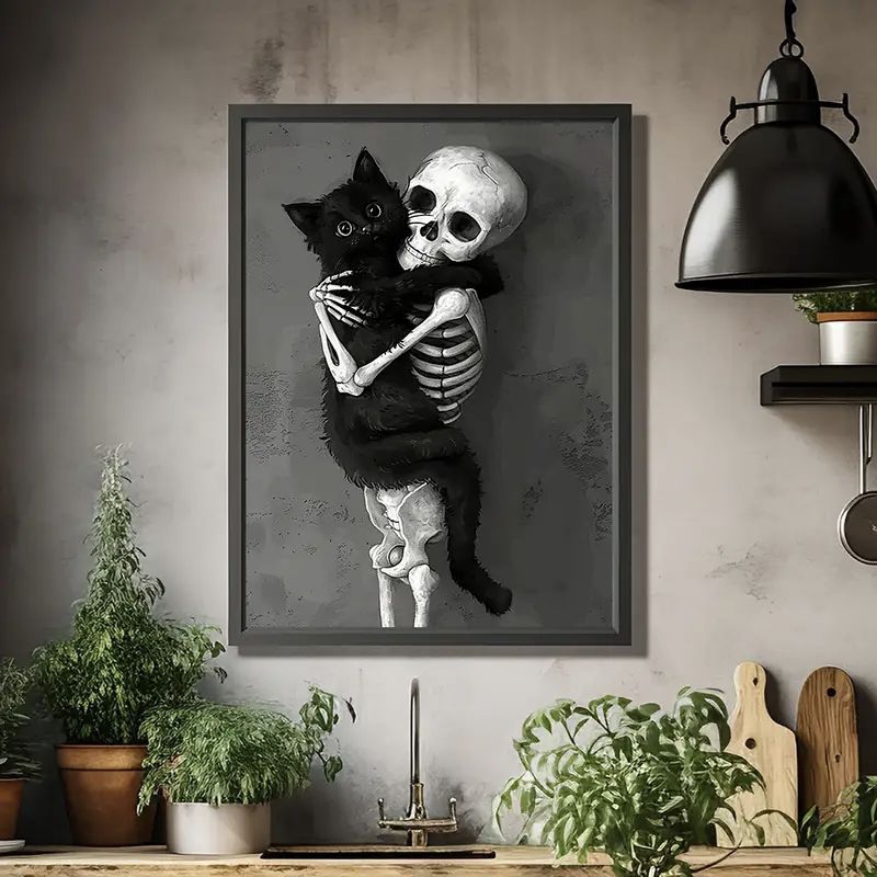 quadro decorativo gato preto abraçando caveira em Oferta na Shopee