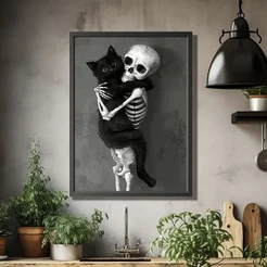 quadro decorativo gato preto abraçando caveira