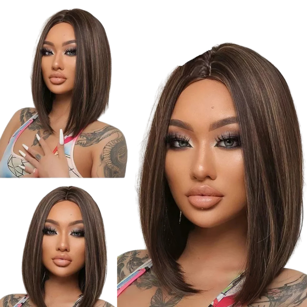 Peruca Lisa Wig Curta s/Franja Fibra Orgânica 40cm + Wig Cap em Oferta na Shopee