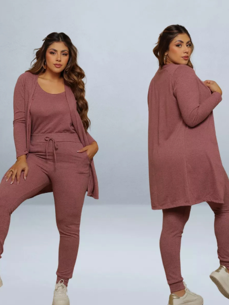 Conjunto trio lãzinha calça regata e cardigan moda Feminina Inverno Tdc modas