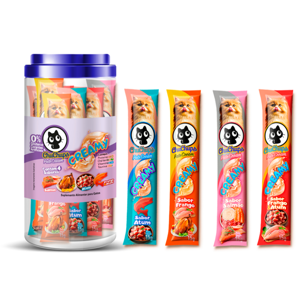 Petisco Para Gatos ChuChups Cream Pote Sortido com 24 Tubos de 15g Lançamento Tipo Churu e Truly em Oferta na Shopee