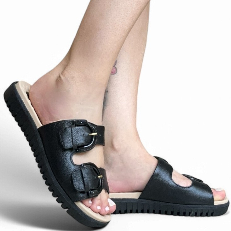 Sandália Flat Feminina Couro Preta Comfortflex 2345404-18 em Oferta na Shopee