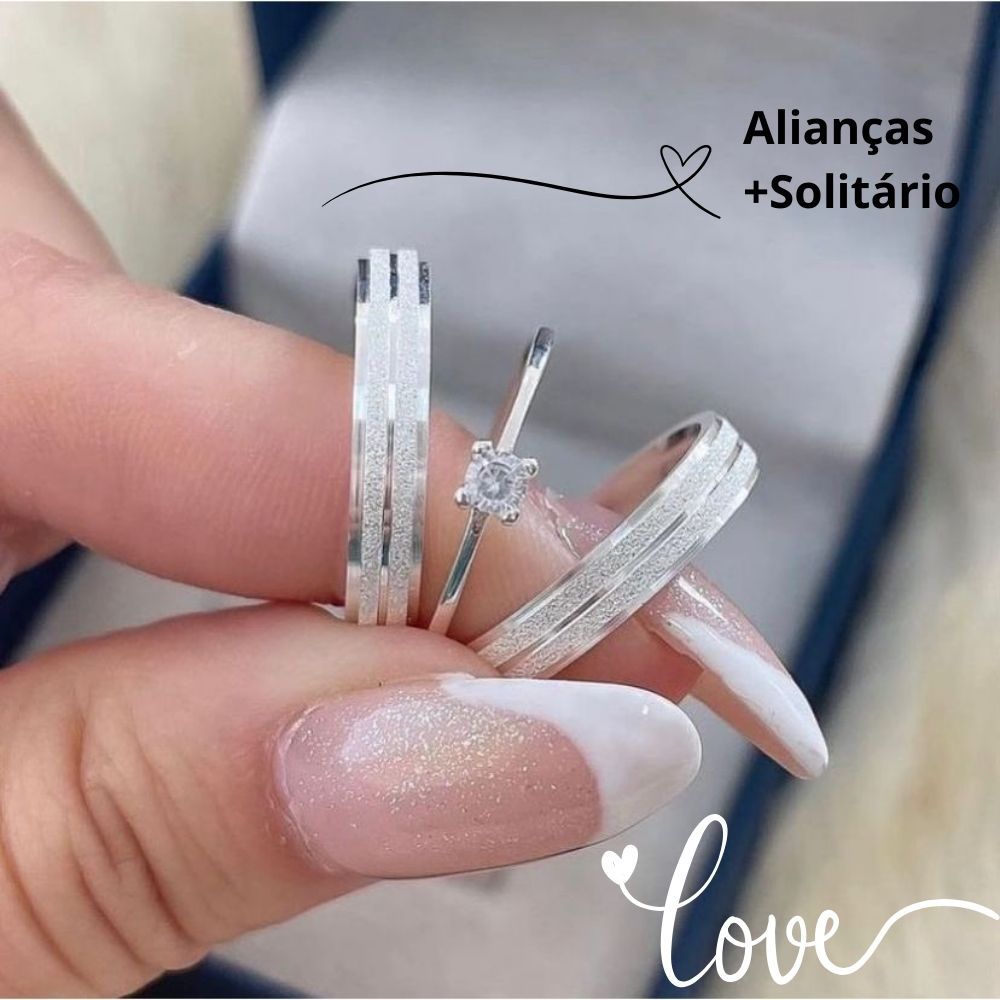 Par De Aliança Com Solitário Namoro Compromisso Diamantada Chanfrada