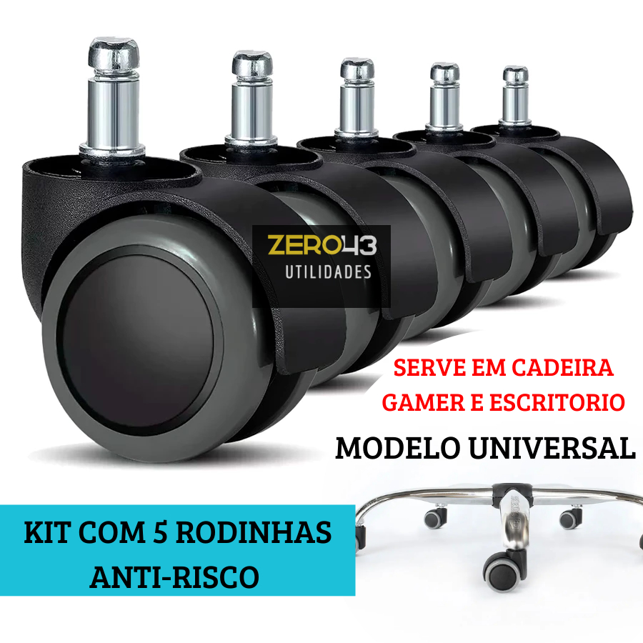 Kit 5 Rodízios Rodinhas Para Cadeira de Escritório Gamer Silicone Anti-risco Pin
