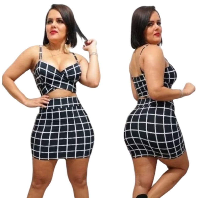 Kit Conjunto Feminino Blogueira Kit Saia  + Cropped Com Bojo Moda Moderna Casual Elegante
