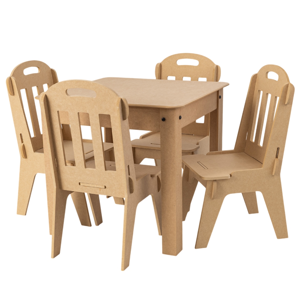 Conjunto Mesinha Simples Educativa Didática Refeição sem Compartimento 4 Cadeiras Mdf
