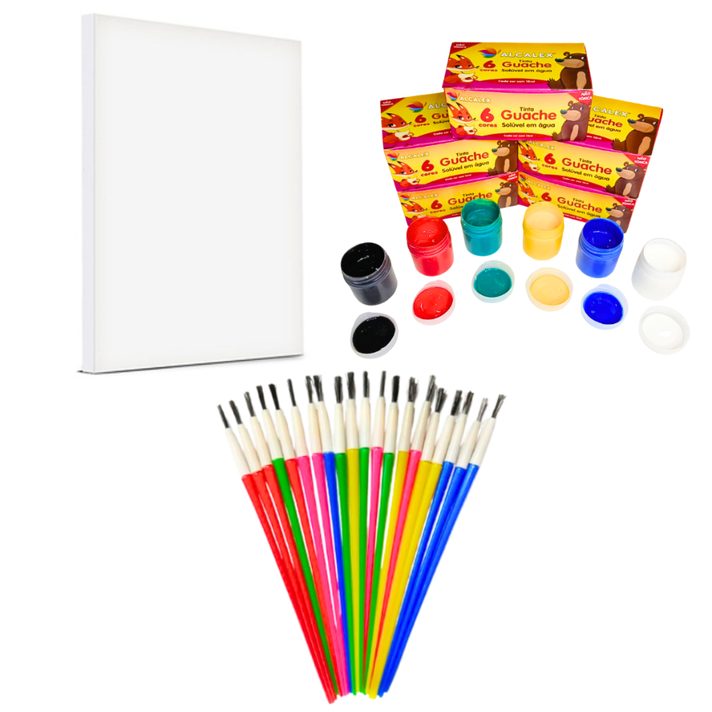Kit 10 Tela Para Pintura 10x15 + 10 cx Tinta Guache  + 10 Pincel Artística Artesanato Escolar Lembrancinha
