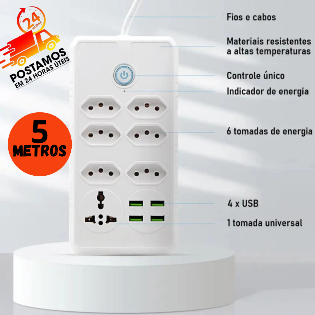 Extensão 5 Metros Filtro de Linha Régua Elétrica 7 Tomadas Com 4 Usb Bivolt 110v/220v Benjamin