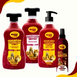 Kit Banho e Tosa Shampoo Condicionador Mascara de Hidratação Força e Brilho Perfume Cereja e Avelã Cachorro e Gato