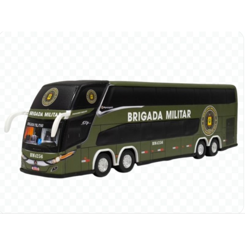 Miniatura de ônibus da Brigada Militar, modelo Marcopolo Paradiso G7 DD colecionável Roma Petroleum 30 centímetros.