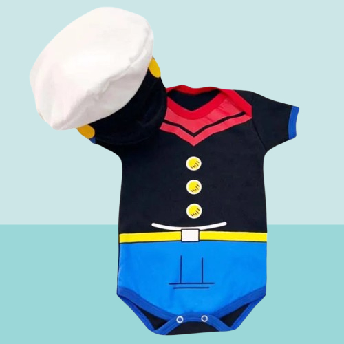 Body Bebê Temático Fantasia Marinheiro Popeye com Boina