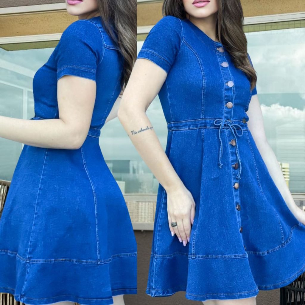Vestido Jeans Moda Evangelica Cristã Gode Tecido com Elastano Confortavel Perfeito Midi Passante