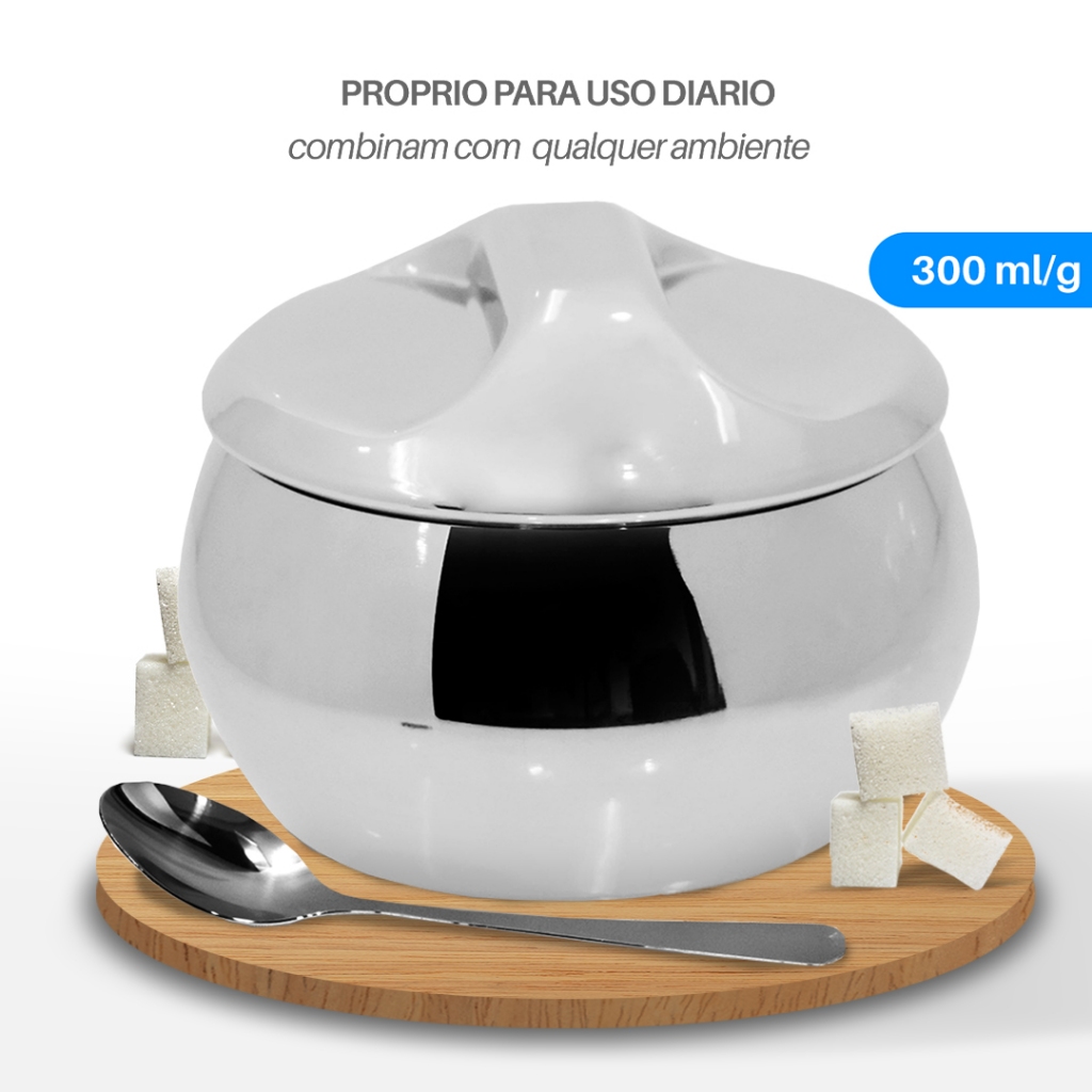 Açucareiro Inox C/tampa Colher Pote Açucar 300ml- Bhz Store