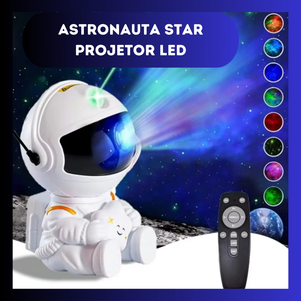 LUMINÁRIA ABAJUR ASTRONAUTA PROJETOR ESTRELAS GALÁXIA LUZ NOTURNA COM CONTROLE REMOTO
