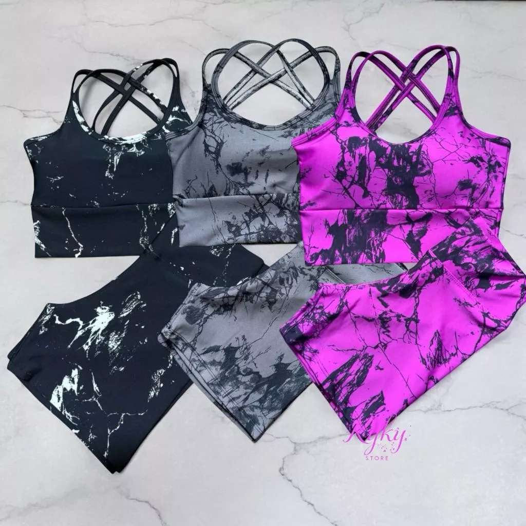 Kit 3 Conjuntos Marmorizado Top Bojo Removível Shorts CIntura Alta Fitness Roupa Academia Tie Dye