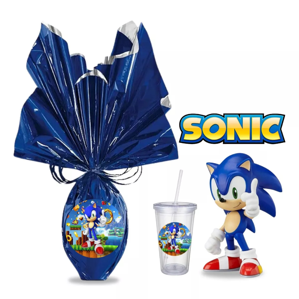 Kit Ovo de Páscoa Chocolate 250g Sonic + Copo Twister 400ml Brinquedo Menino Filme Desenho