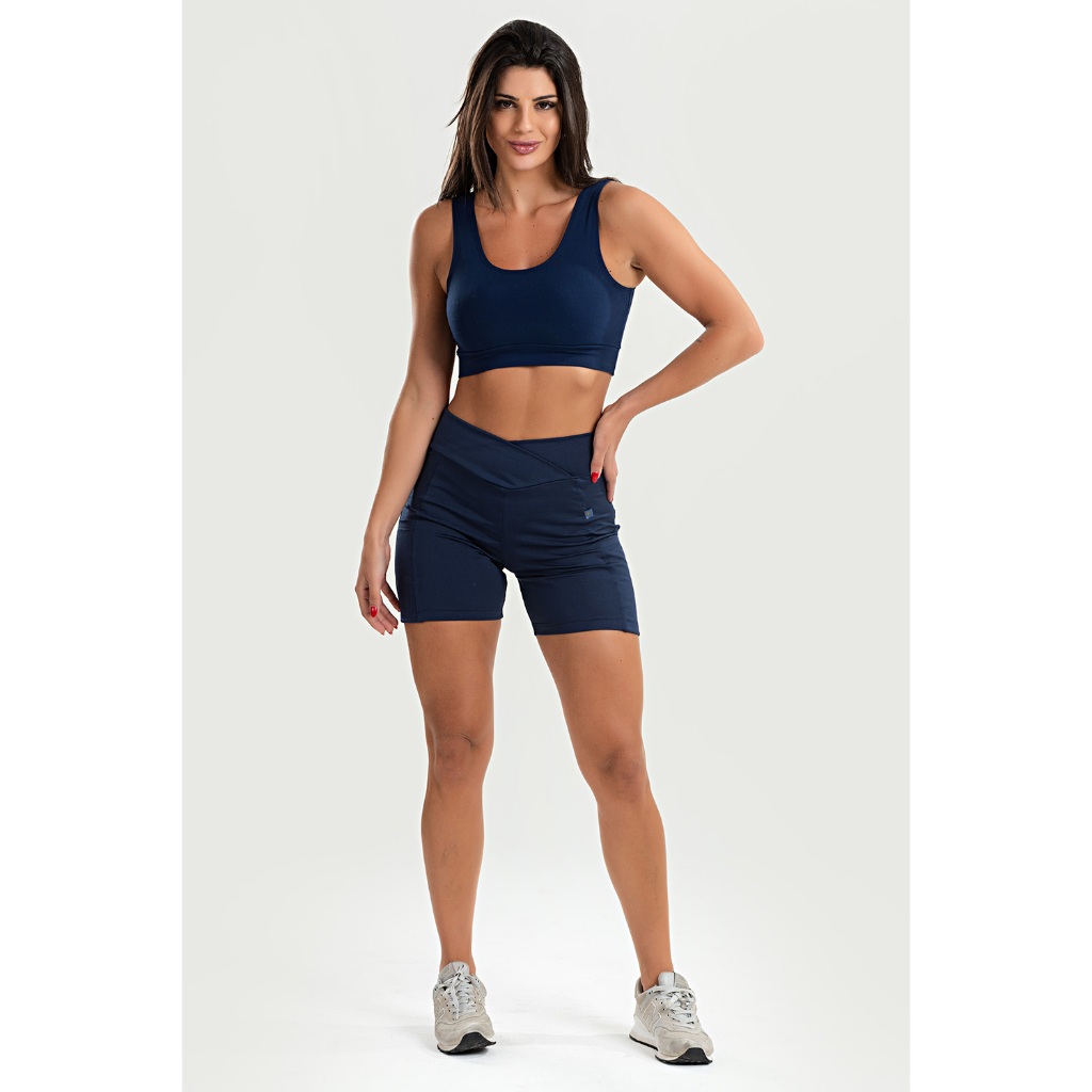 Bermuda Feminina Lisa Bolso Lateral Azul Marinho Poliéster Moda Fitness Ciclista Não Transparente Cintura Alta Plus Siz