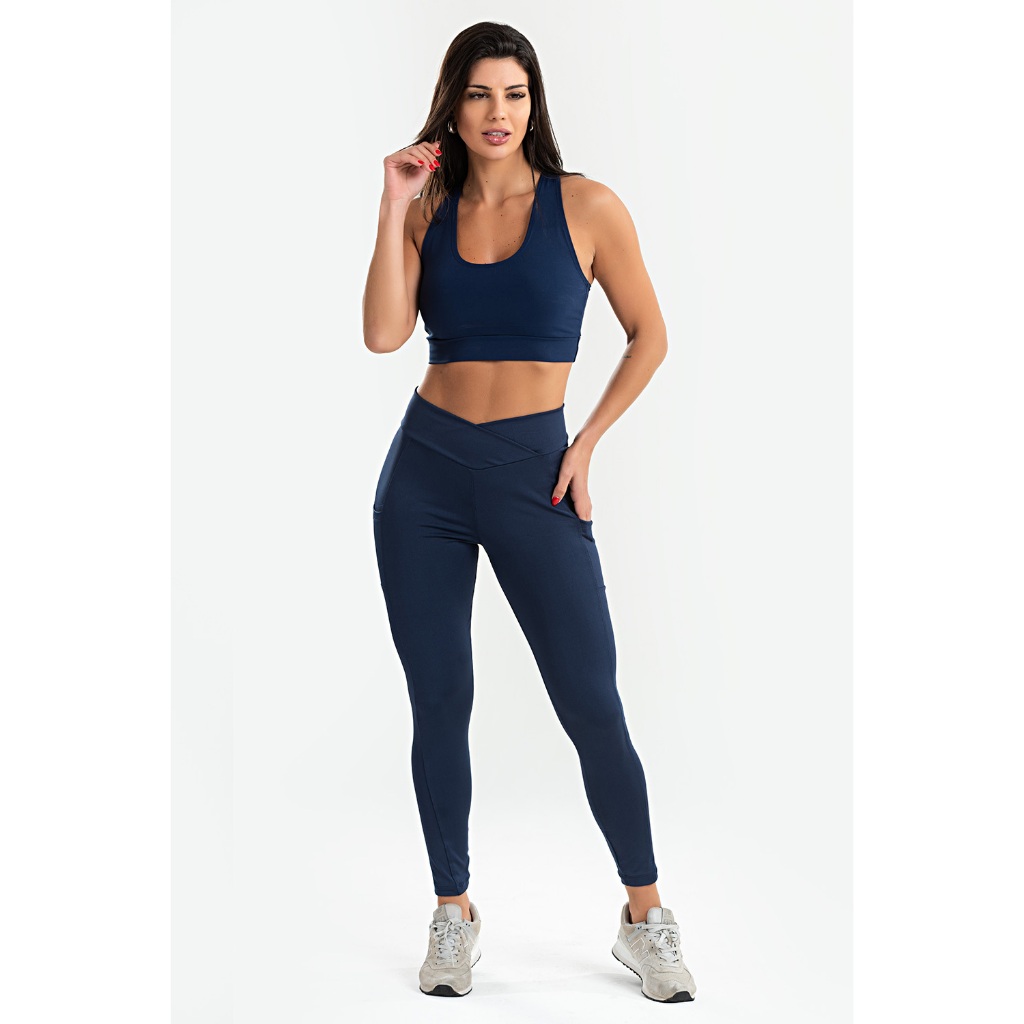 Legging Lisa Bolso Lateral Azul Marinho Feminina Poliéster Moda Fitness Não Transparente Cintura Alta Plus Size Academi