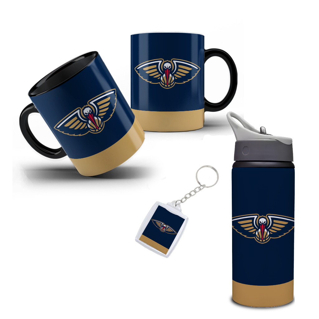 Kit New Orleans Pelicans Garrafa com Caneca e Chaveiro NBA