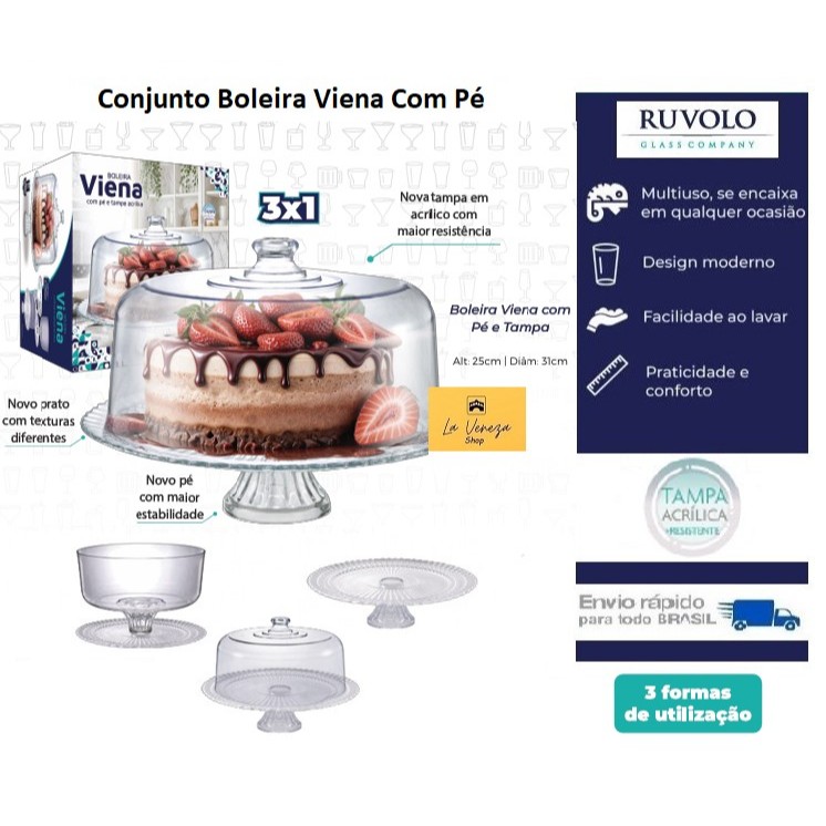 Conjunto Boleira Porta Bolo de Vidro Viena Com Pé e Tampa de Acrílico Ruvolo