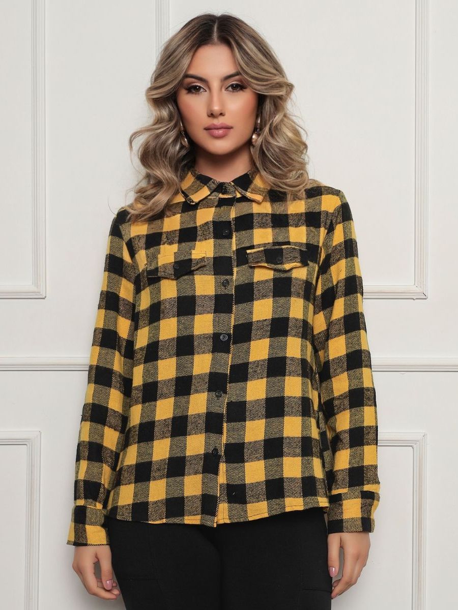 Camisa Feminina Xadrez com Botão Manga Longa Festa junina Quadriculada